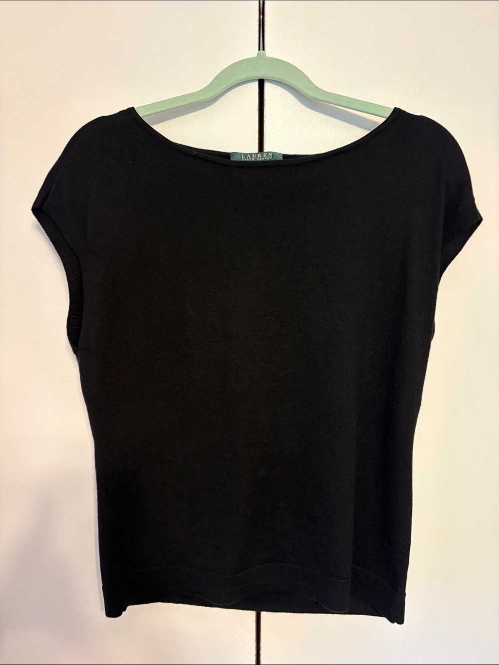 LAUREN Ralph Lauren Black Cap-Sleeve  silk blend Knit Top with Boat Neck